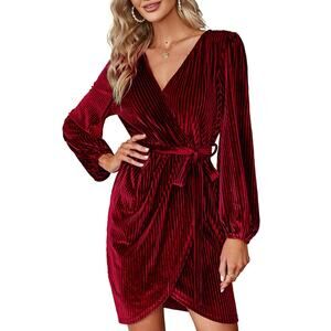 BerryGo Women's Long Sleeve Wrap Formal Velvet Mini Dress Sexy Dress Burgundy S